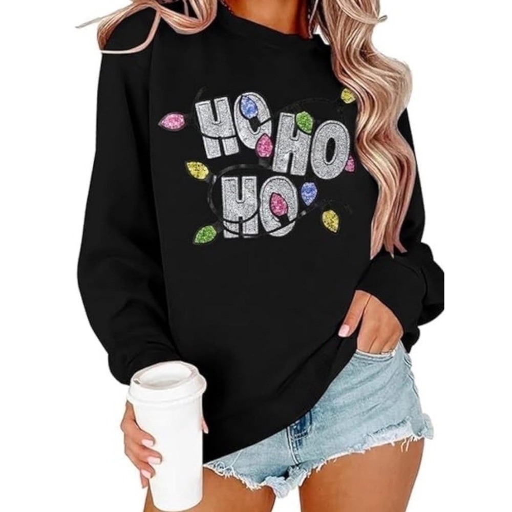 Unbranded Christmas Sweatshirt Women Small Black New Ho Ho Ho Sparkle C749